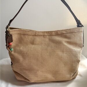 Fossil Tan Woven Hobo Shoulder Bag with Charm Keychain and Leather Strap